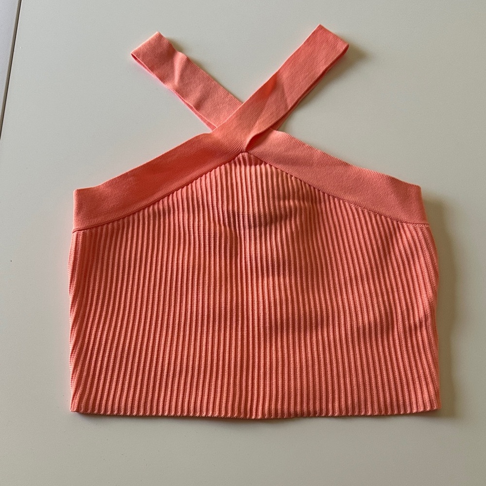 Coral Ribbed Cross-Strap Crop Top